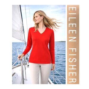 EILEEN FISHER Poppy Red Merino Wool Lightweight V neck Sweater Sz Petite S